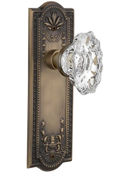 Meadows Design Door Set with Chateau Crystal Glass Knobs in Antique Brass.